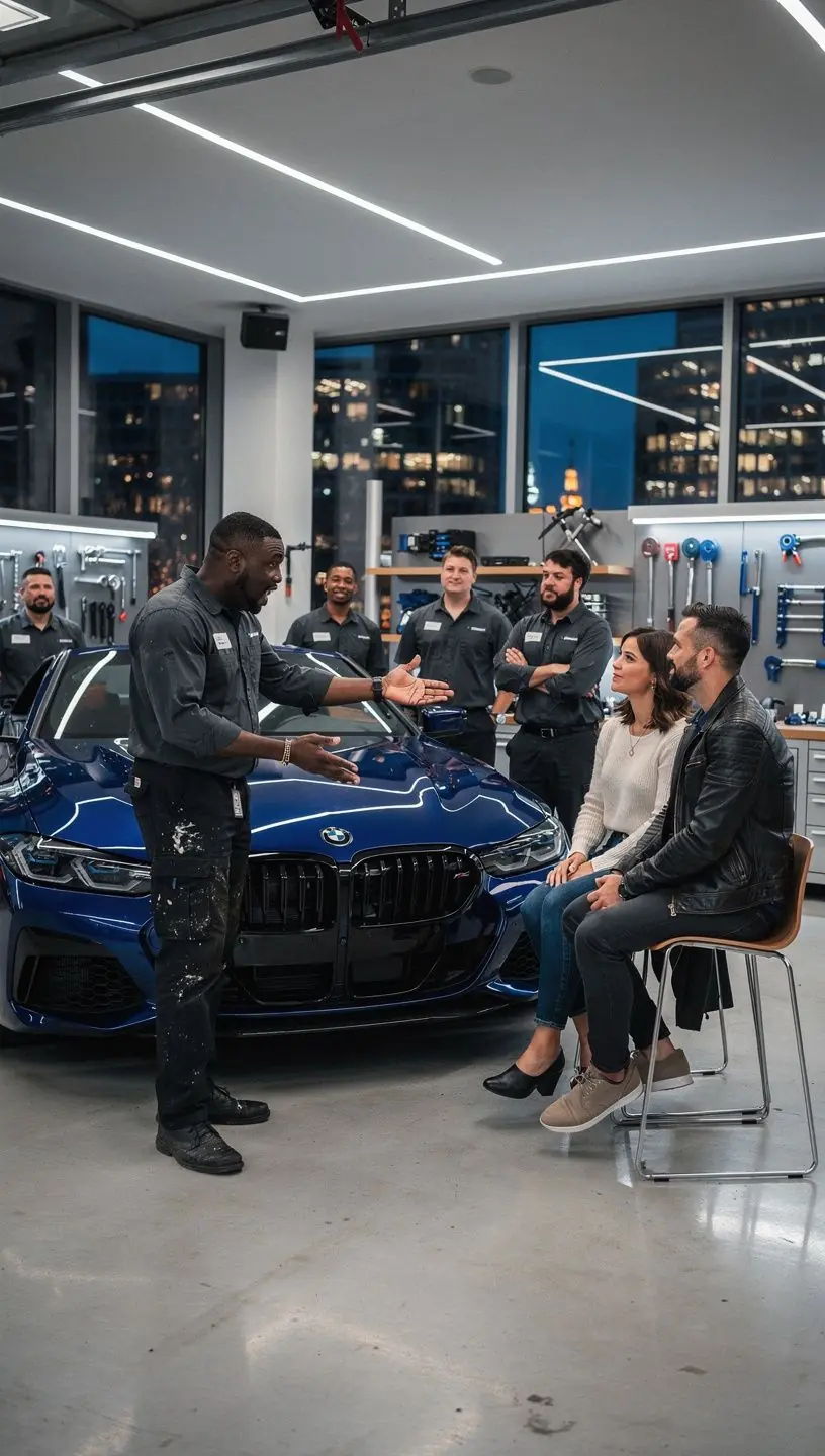 Mechanik przeprowadzający precyzyjną konserwację silnika nowoczesnego samochodu w ekskluzywnym serwisie.